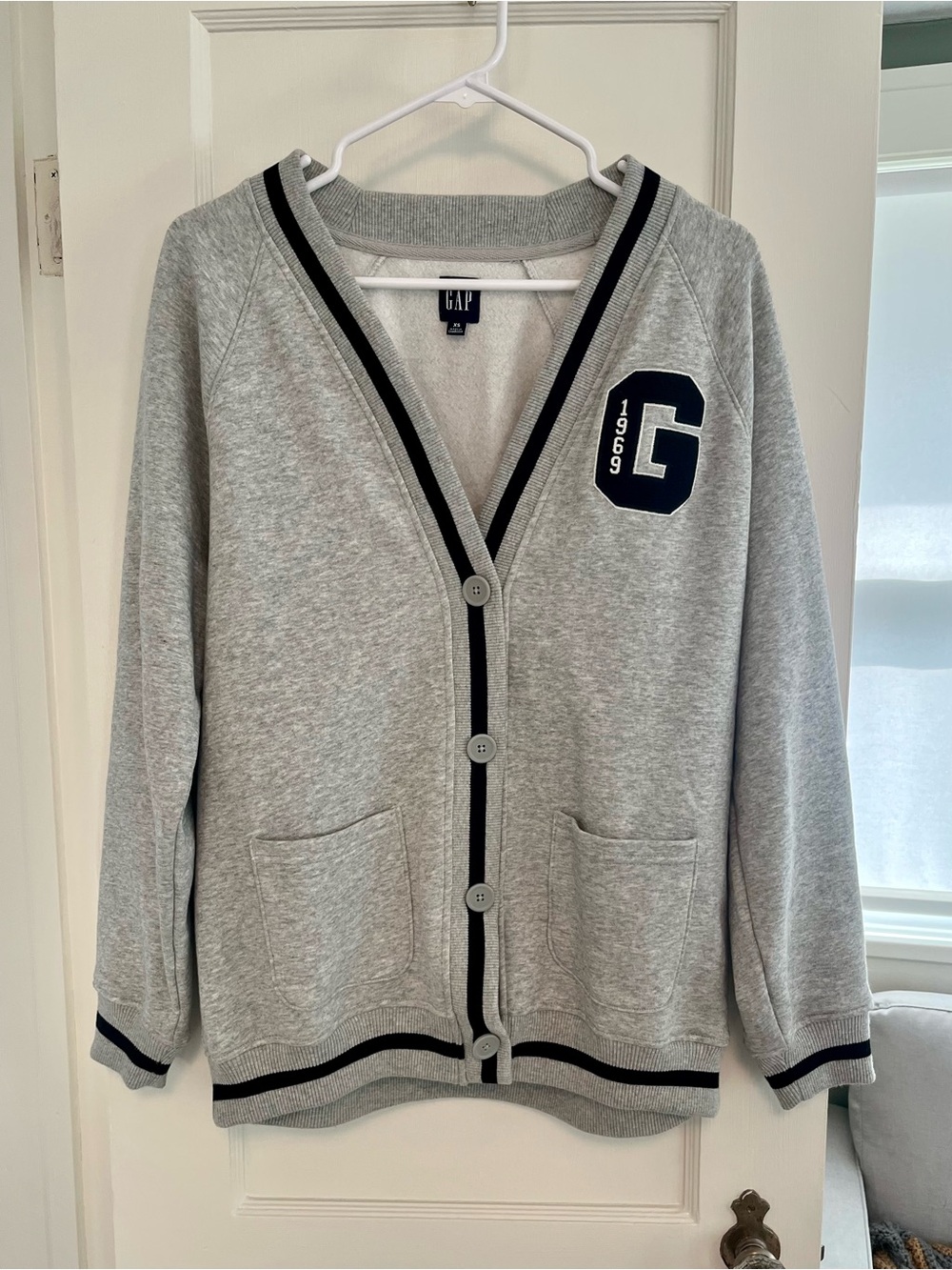 Oversized GAP Light Gray Cardigan with black trim